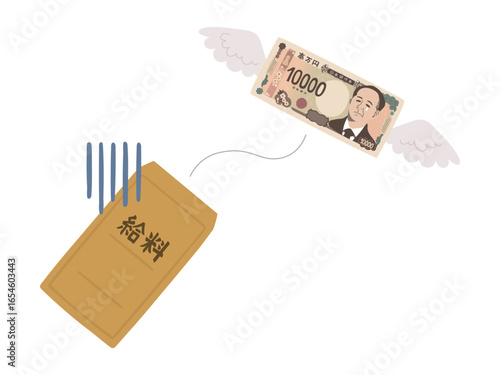 元気の無い給料袋から羽の生えた一万円が飛んでいく減給のイラスト
