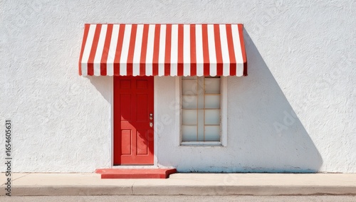 Simple storefront with a red door and striped awning