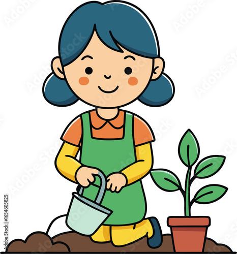 Young Girl Watering Plant in Garden