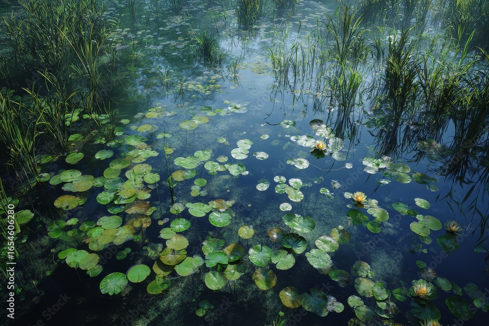 Murky Swamp Serenity: Lily Pads and Aquatic Flora Murky Swamp Serenity: Lily Pads and Aquatic Flora