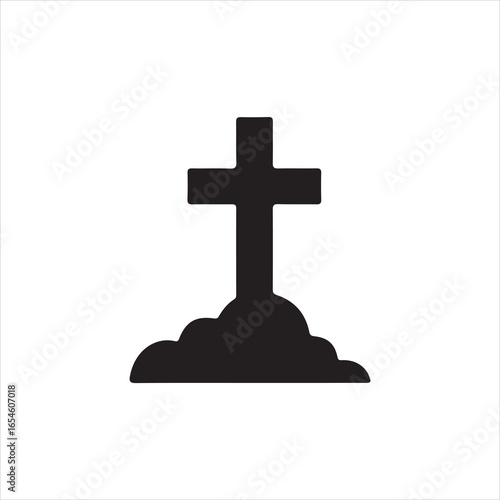 Black silhouette of a Christian cross on a mound of earth on a white background religion faith