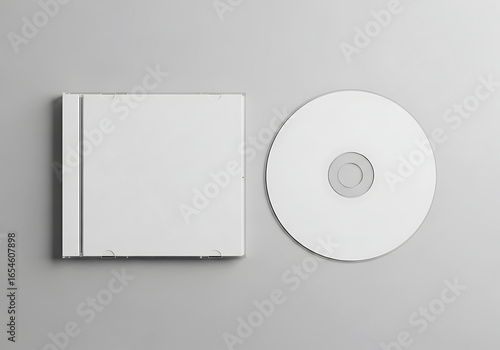 Blank white cd case and disc on a gray background