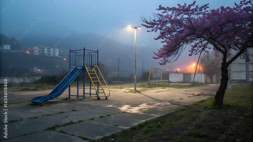 Fototapeta premium A quiet playground stands empty with a colorful slide and a vibrant flowering tree under the soft glow of a streetlamp in thick fog.