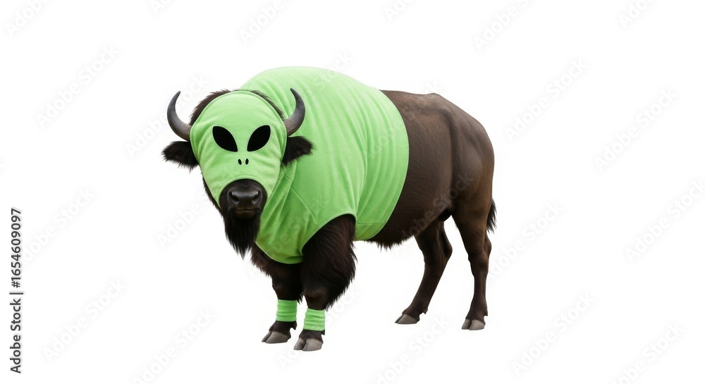 Fototapeta premium buffalo dressed in a green alien costume, Funny extraterrestrial Halloween costume, white background