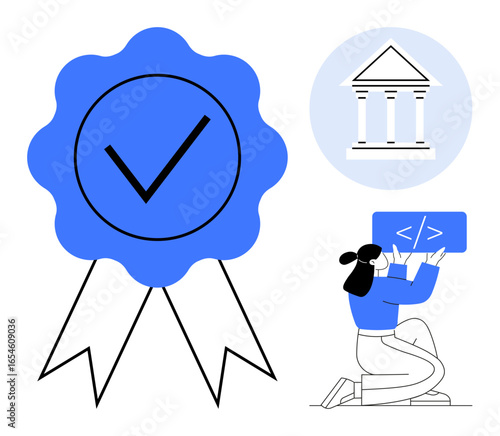 Large blue certification badge with a checkmark, a classical building, and a person coding on a laptop. Ideal for education, technology, government, coding, certification, online learning simple