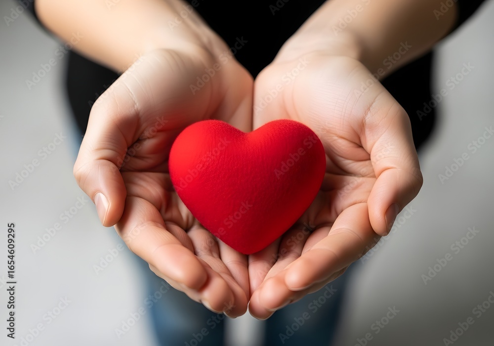 Obraz premium Hands gently holding a vibrant red heart symbolizing love and care