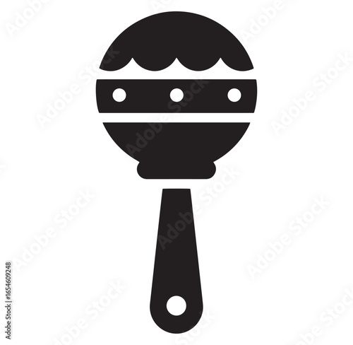 Simple black and white illustration of a baby rattle toy isolated on a white background