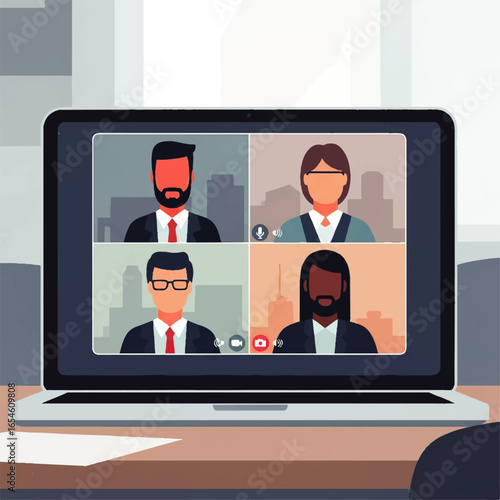 A laptop screen displaying a video conference with four diverse participants in a grid layout, set on a desk.