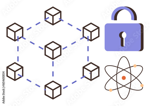 Blockchain grid of interconnected cubes, padlock symbolizing security, atomic model for innovation. Ideal for technology, cybersecurity, science, blockchain, data flow, protection simple landing