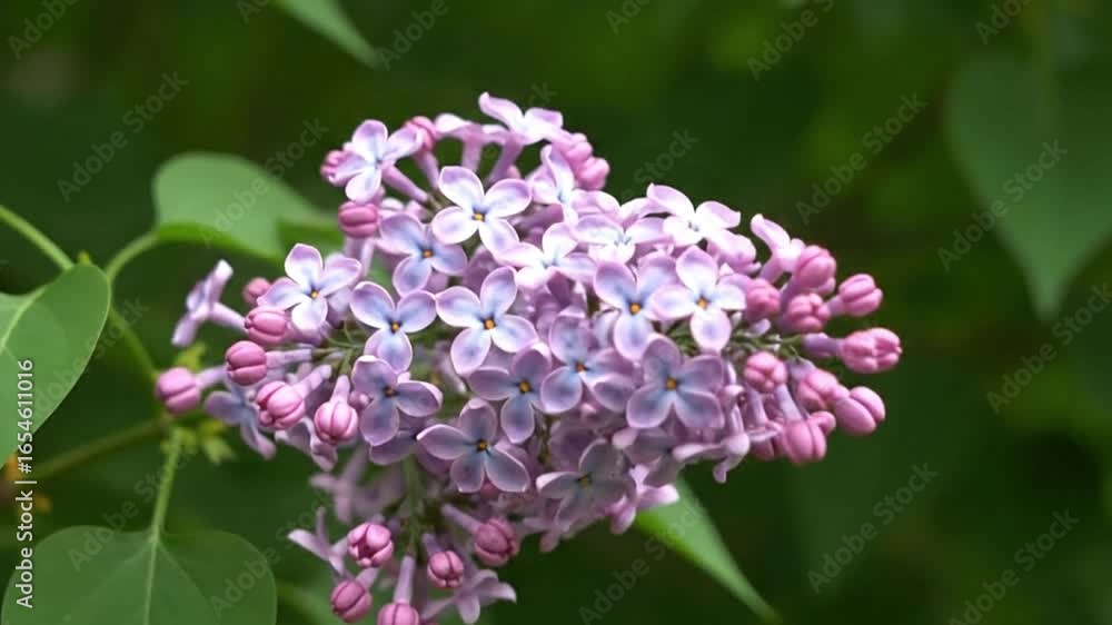 Closeup of a lilac cluster showing its small purple and blue flowers and tightly packed buds against a backdrop of green foliage Closeup of a lilac cluster showing its small purple and blue flowers and tightly packed buds against a backdrop of green foliage