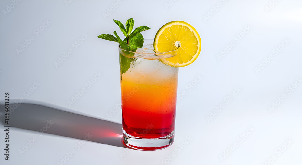 Fototapeta premium Refreshing and vibrant layered summer cocktail with ice, garnished with a fresh sprig of mint and a slice of lemon on a clean white background