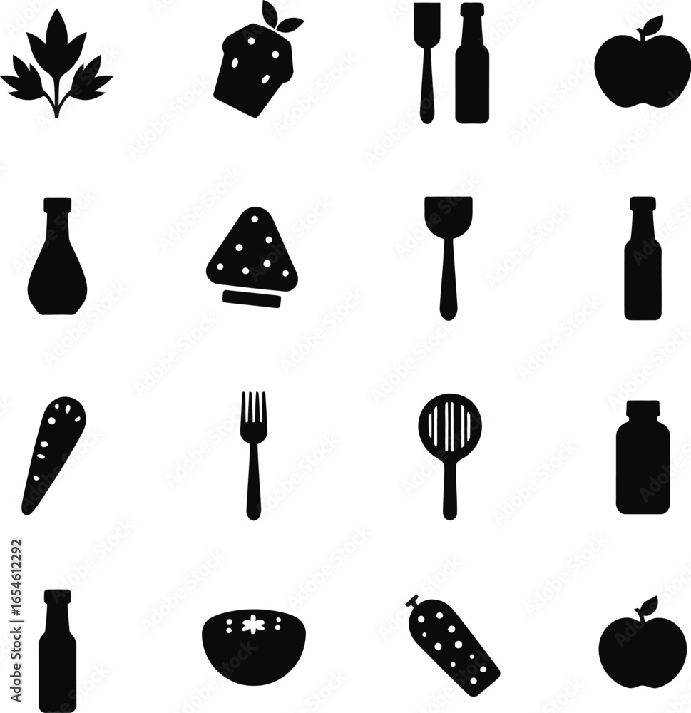 Fototapeta premium Food icons silhouette set kitchen utensils fruits vegetables