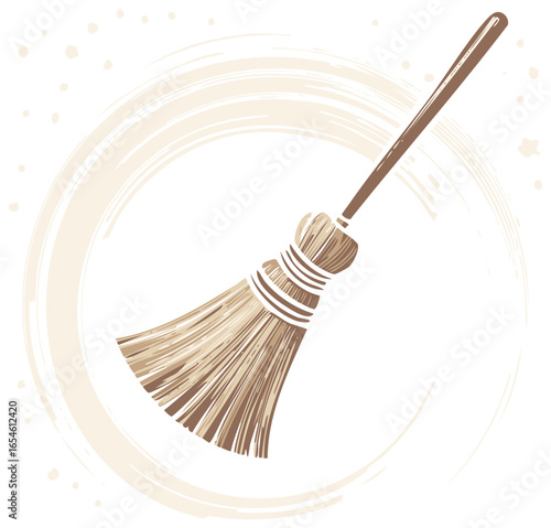 Rustic Broom Illustration with Artistic Swirls, Traditional House Cleaning Tool