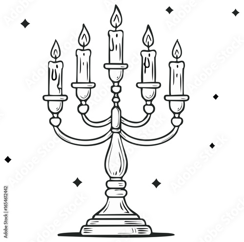 Vintage candelabra with five burning candles classic line art illustration