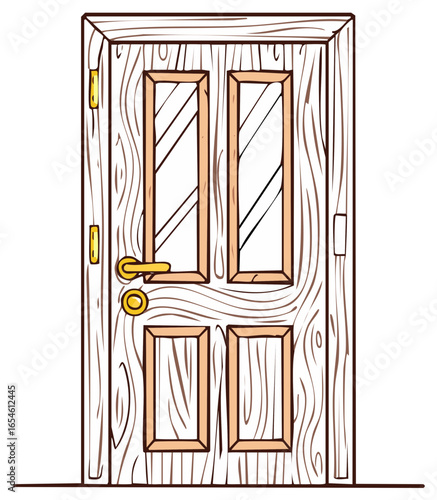 Cartoon illustration of a closed wooden door with glass panels and a golden handle in a hand drawn style
