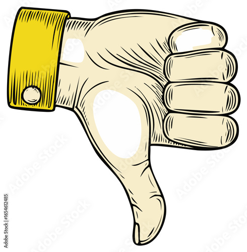 Hand sign with thumb pointing down in vintage drawing style symbol indicating dislike or negative attitude rejection