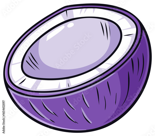 Cartoon purple coconut half with white flesh and dark outline isolated on white