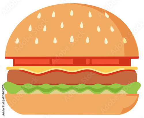 Delicious Burger Illustration with Cheese, Tomato, Lettuce, and Sesame Seed Bun Ready to Eat