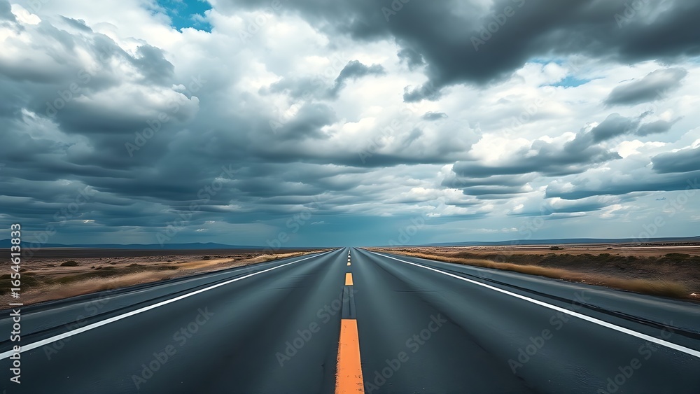 Fototapeta premium Panoramic view of an empty road under cloudy skies, capturing a serene and open landscape.