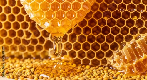 Fresh honeycomb with dripping honey and bee pollen