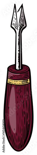 Hand-drawn illustration of an awl with a wooden handle