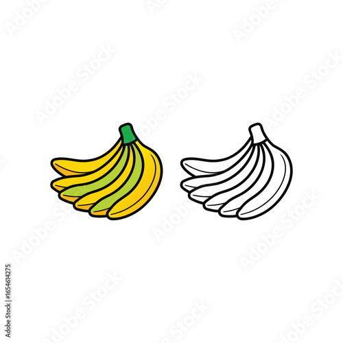 Vector art of bunch of ripe yellow bananas, one with green stem, isolated on white background