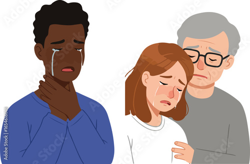 Diverse Individuals Crying and Offering Comfort on White Background Keywords: grief, sadness, crying, tears, comfort, support, empathy, emotional, distress, sorrow, despair, loss, mourning, family
