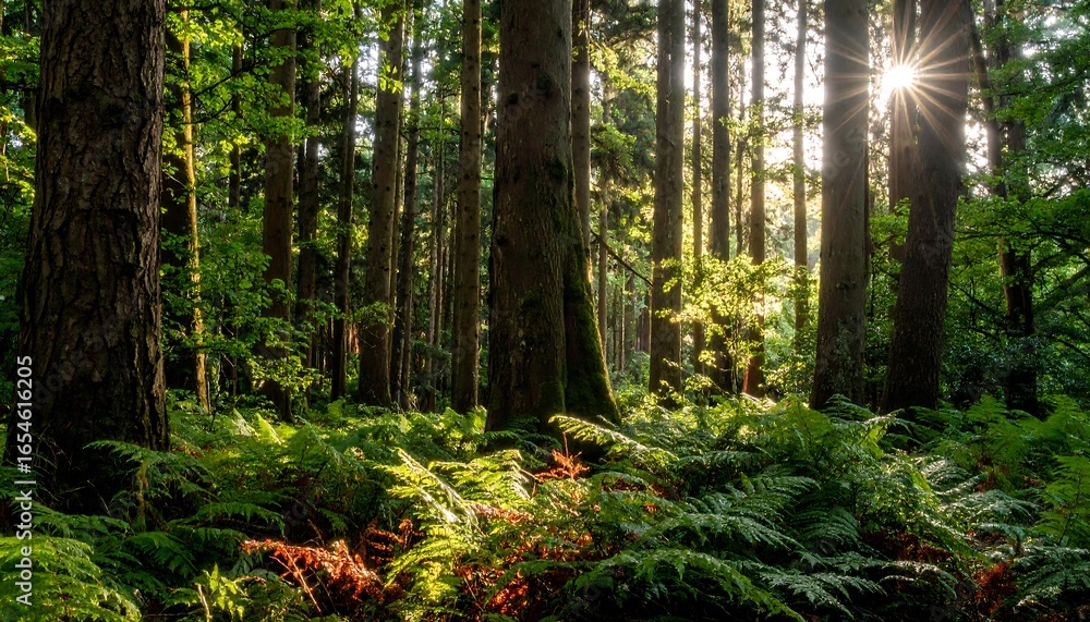 Obraz premium Sunlight streams through a dense forest