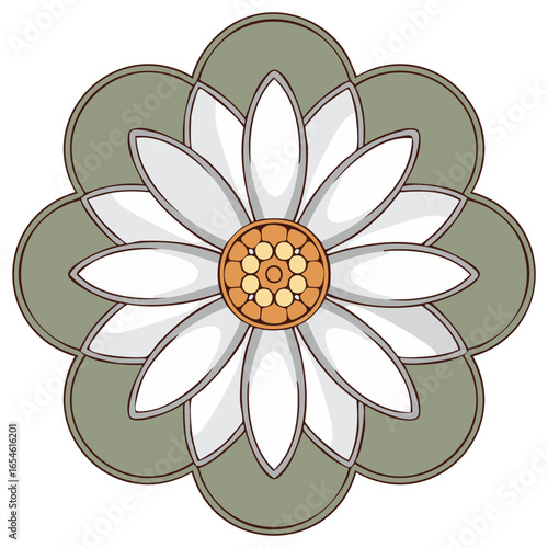 Illustration of a stylized flower with white petals and an orange center on a decorative green background