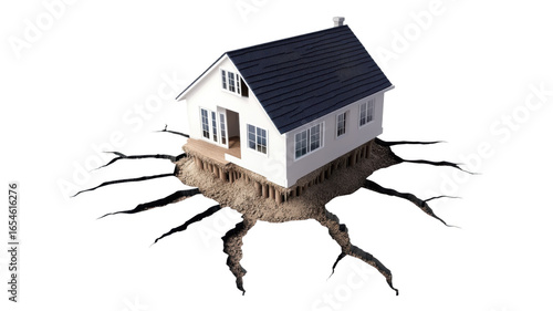 Cracked ground beneath a house showcasing signs of foundation issues and instability