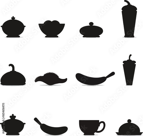 Black silhouettes of various food and drink items