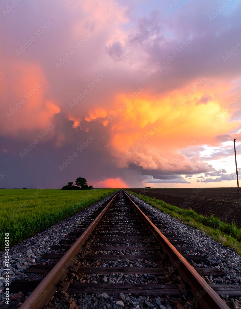 Fototapeta premium Sunset over railroad tracks