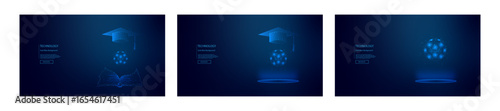 Futuristic Education Technology Background with Digital Graduation Cap, Open Book, and Glowing Sphere. Innovation and Learning Concept in Dark Blue Abstract Design