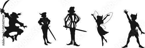 Silhouettes of fantasy characters, Peter Pan, Captain Hook, Tinker Bell, sword, adventure, magic, fairy, pirate, hero, whimsical