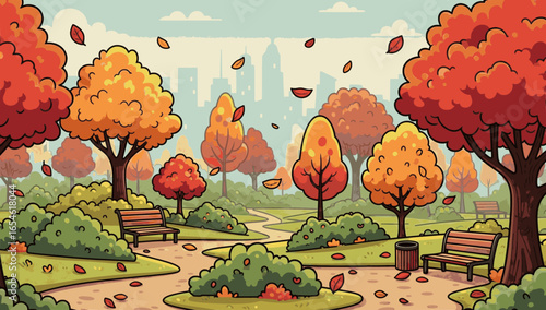 The scene, with falling leaves and a distant cityscape under a bright sky, beautifully captures the peaceful, nostalgic, and wholesome spirit of the fall season.