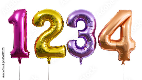 Fotografie 1,2,3,4  colorful number balloons isolated on transparent background