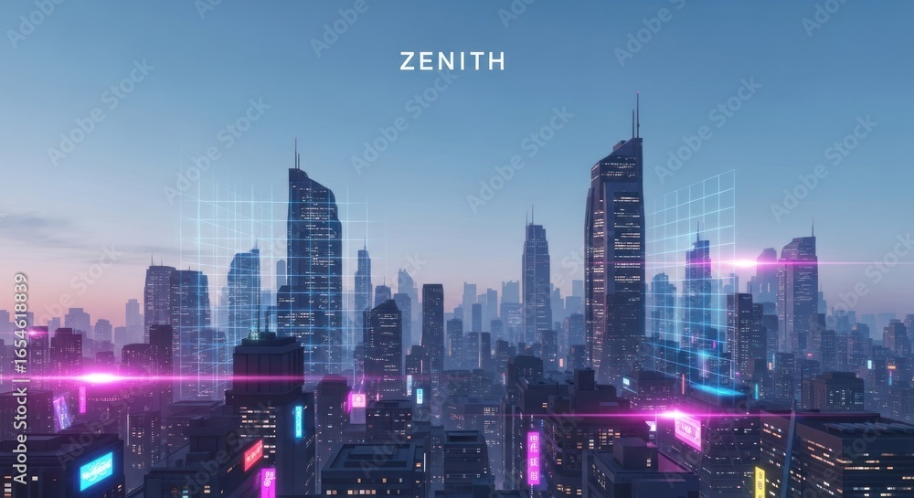 Obraz premium Futuristic city skyline with glowing lights and high-tech elements, showcasing vibrant colors and innovative architecture at dawn