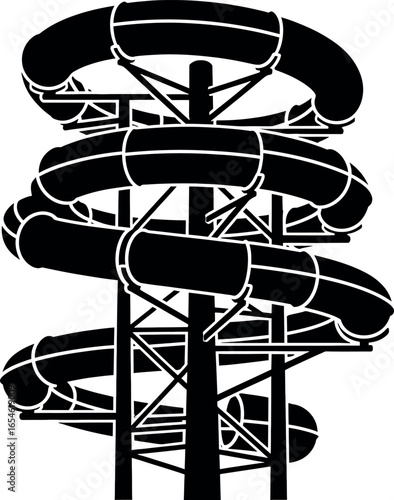 Vector art of black and white illustration of a water slide with multiple twists and turns transparent background