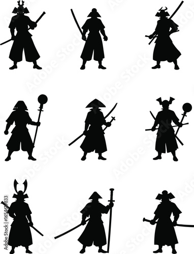 Nine samurai silhouettes diverse weaponry poses