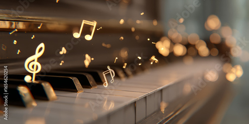 Enchanting golden music notes floating over piano keys