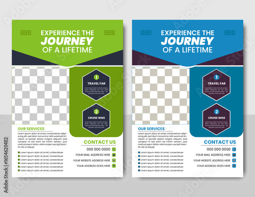  Travel Agency Flyer Template with Abstract Geometric Design in Two Colour Variations, Experience the Journey of a Lifetime