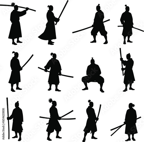 Twelve samurai silhouettes weaponry poses