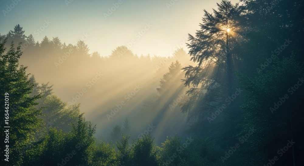 Naklejka premium Misty morning in serene forest with soft sunlight breaking through trees, creating a peaceful and tranquil atmosphere for nature lovers and hikers