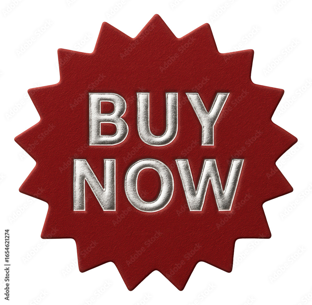 Fototapeta premium Red starburst sticker with BUY NOW promotion in metallic font, compelling retail sale offer on transparent background.