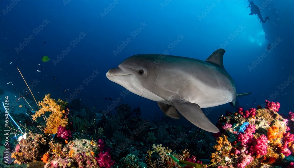 Fototapeta premium Dolphin swimming amidst vibrant coral reef