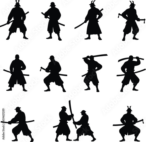 Twelve samurai silhouettes various poses weaponry
