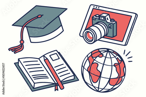 Education and learning icons including graduation cap book camera on tablet and globe