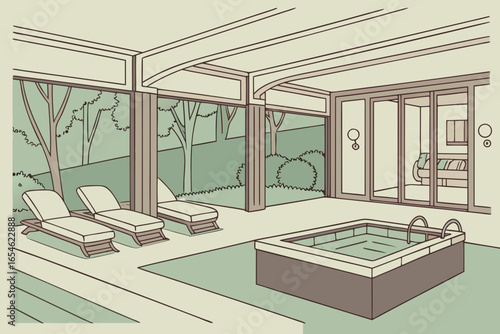 Modern patio with hot tub and lounge chairs overlooking a garden