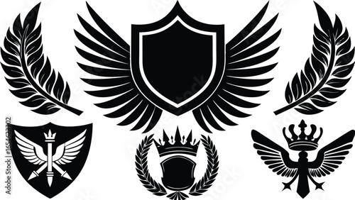 Heráldic Crest Design Elements Wings, Shields, Crowns, and Laurel Wreaths