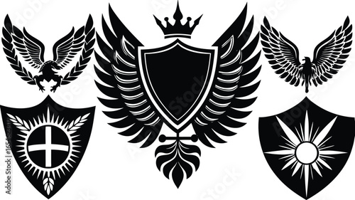 Majestic Heraldic Eagles, Shields, and Wings Vector Design Elements